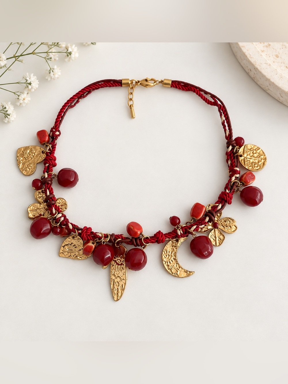 Zara Red Bead and Gold Charm Necklace